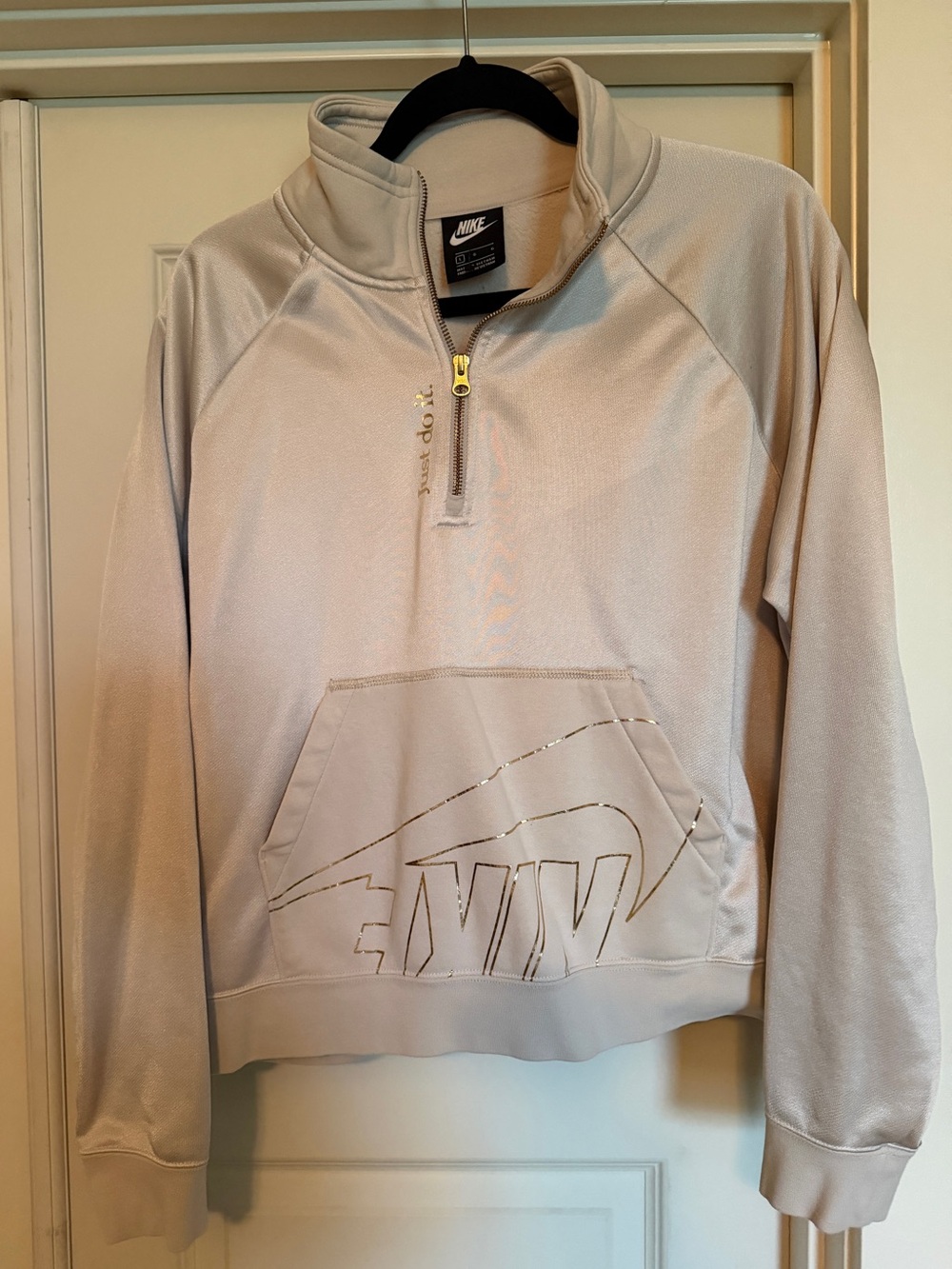 Nike Light Beige Quarter-Zip Pullover with Gold Zipper
